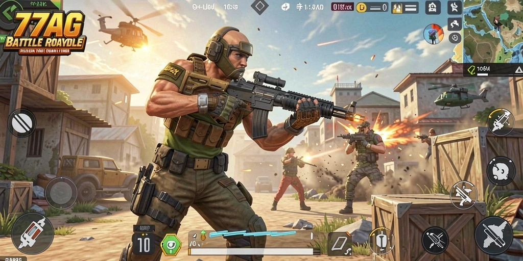 Tampilan gameplay seru di dalam arena pertempuran Battle Royale 77AG.