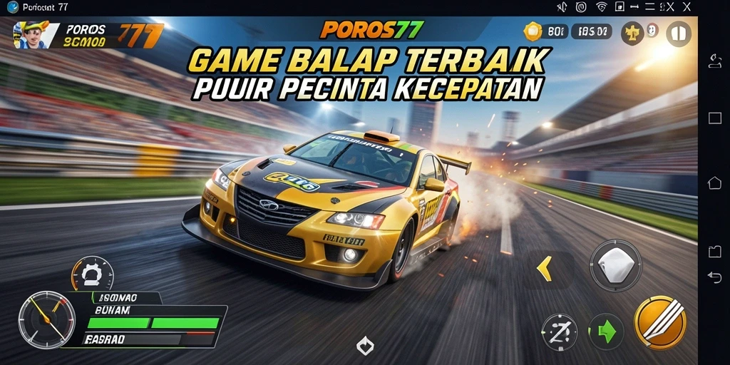 Gameplay POROS77 menampilkan aksi balapan mendebarkan yang seru.