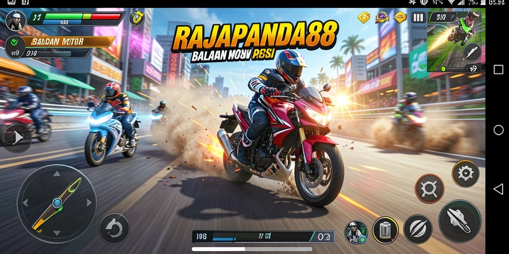 Tampilan gameplay mengasyikkan dengan aksi balap motor yang menegangkan.