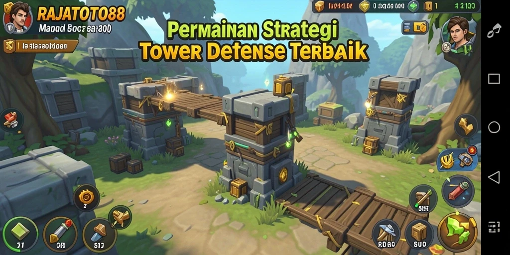 Screenshot gameplay RAJATOTO88 menampilkan menara pertahanan melawan gelombang musuh.