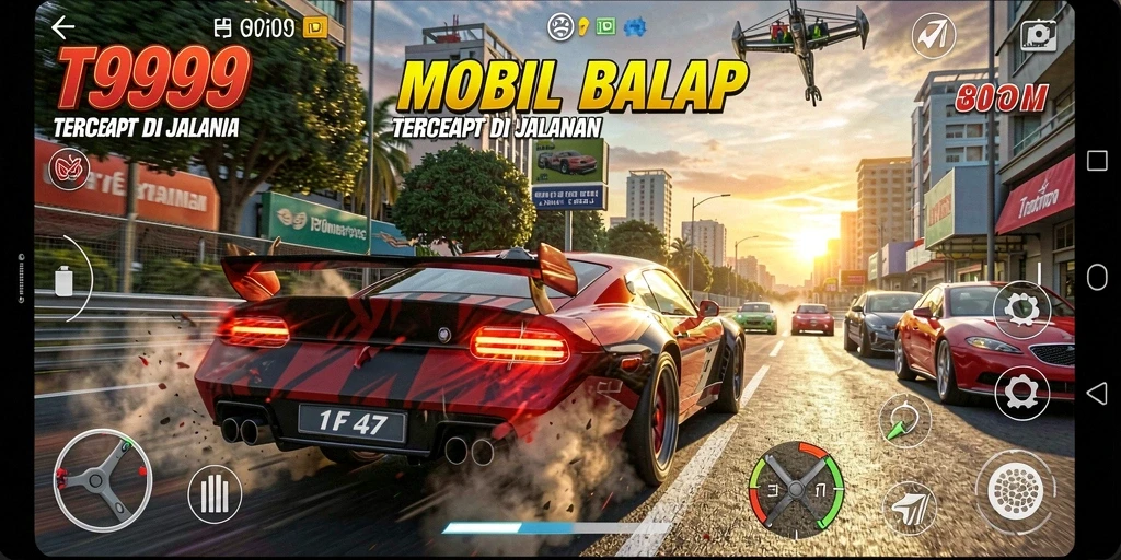 Tangkapan layar gameplay balapan yang intens di T9999.